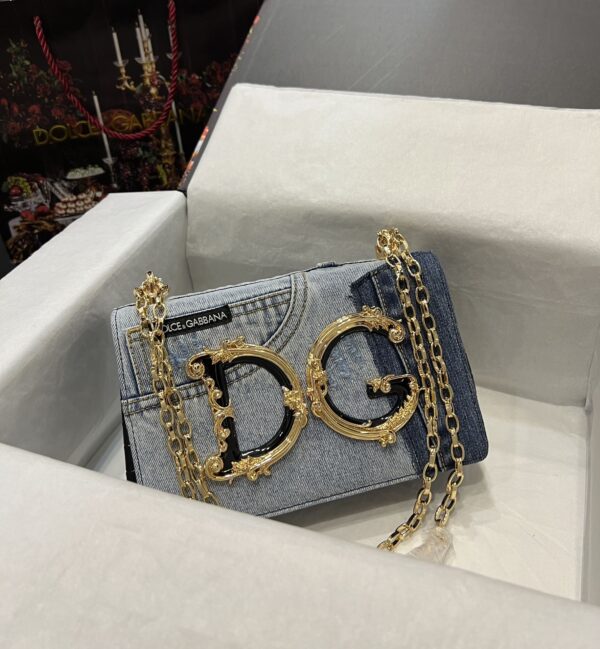 Dolce & Gabbana Chain Shoulder Bag in Denim Fabric-blue-23cm with original logo box
