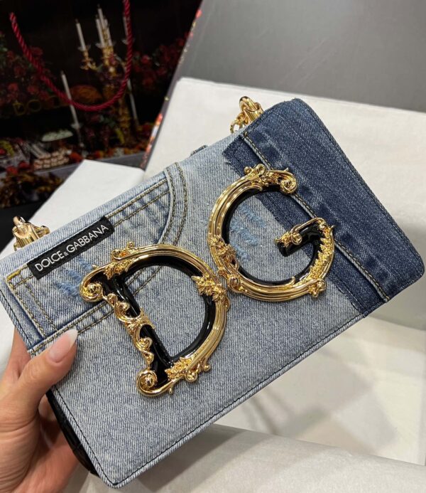 Dolce & Gabbana Chain Shoulder Bag in Denim Fabric-blue-23cm with original logo box