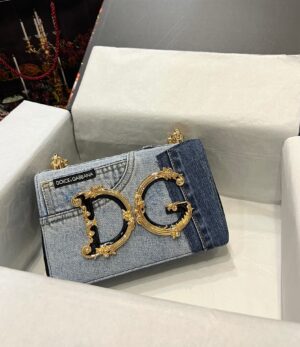 Dolce & Gabbana Chain Shoulder Bag in Denim Fabric-blue-23cm with original logo box