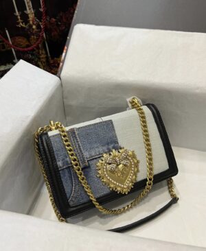 Dolce & Gabbana Chain Shoulder Bag in Denim Fabric-blue-21cm with original logo box