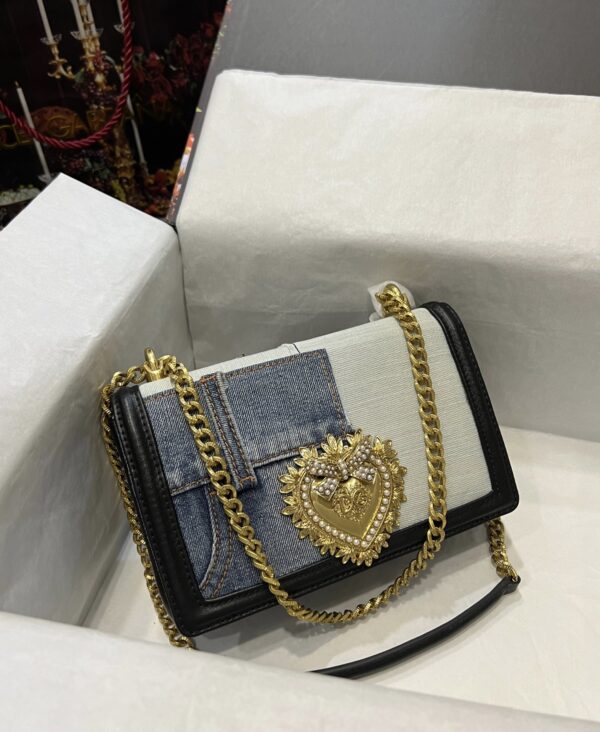 Dolce & Gabbana Chain Shoulder Bag in Denim Fabric-blue-21cm with original logo box