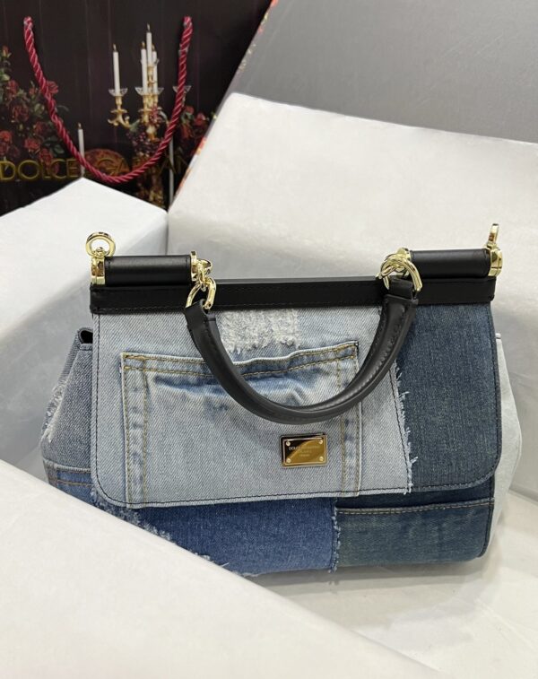 Dolce & Gabbana Chain Shoulder Bag in Denim Fabric-blue-20cm with original logo box