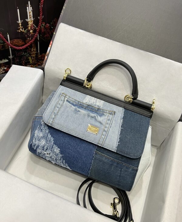 Dolce & Gabbana Chain Shoulder Bag in Denim Fabric-blue-20cm with original logo box
