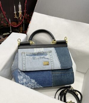 Dolce & Gabbana Chain Shoulder Bag in Denim Fabric-blue-20cm with original logo box