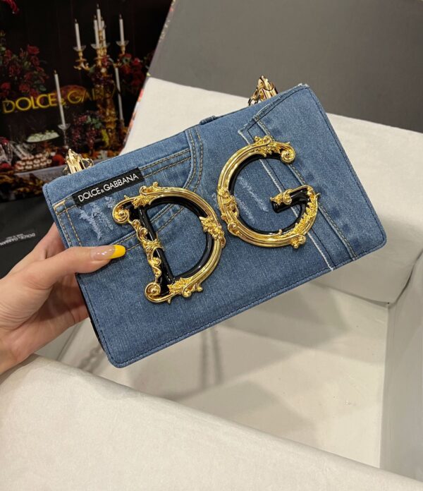 Dolce & Gabbana Chain Shoulder Bag in Denim Fabric-blue-23cm with original logo box