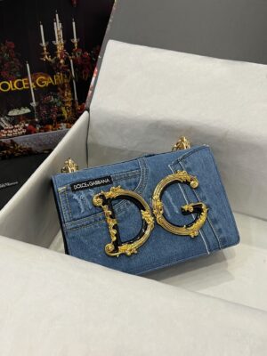 Dolce & Gabbana Chain Shoulder Bag in Denim Fabric-blue-23cm with original logo box