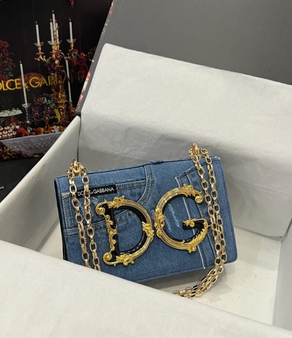 Dolce & Gabbana Chain Shoulder Bag in Denim Fabric-blue-23cm with original logo box