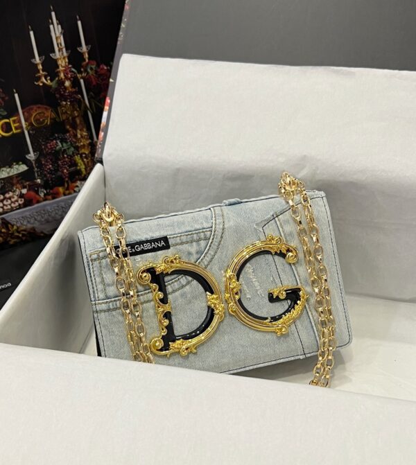 Dolce & Gabbana Chain Shoulder Bag in Denim Fabric-white-23cm with original logo box