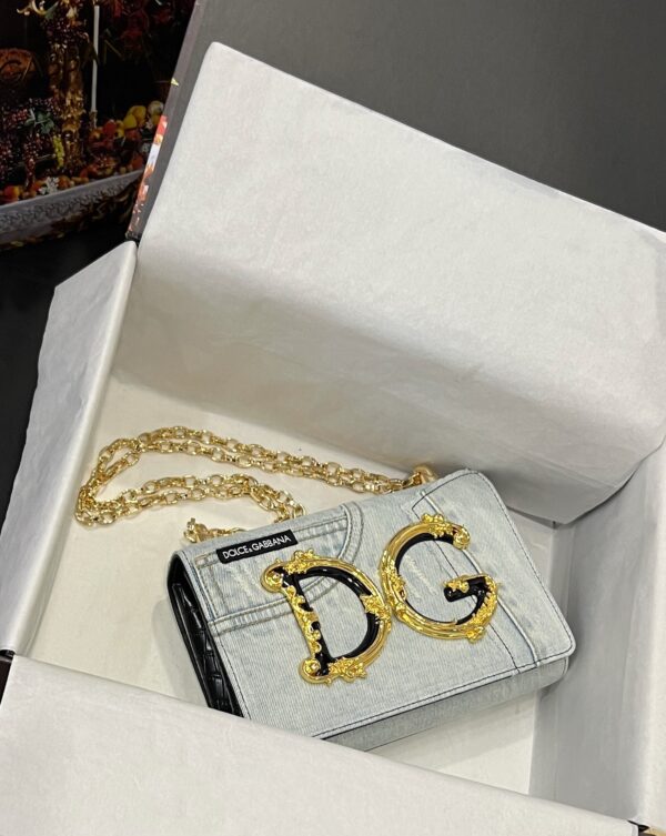 Dolce & Gabbana Chain Shoulder Bag in Denim Fabric-white-23cm with original logo box