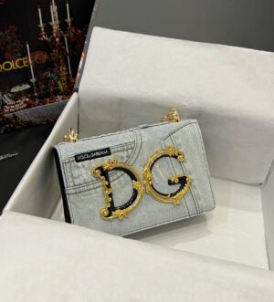 Dolce & Gabbana Chain Shoulder Bag in Denim Fabric-white-23cm with original logo box