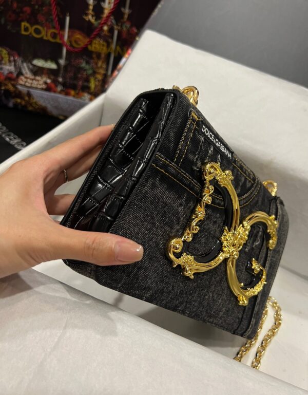 Dolce & Gabbana Chain Shoulder Bag in Denim Fabric-black-23cm with original logo box