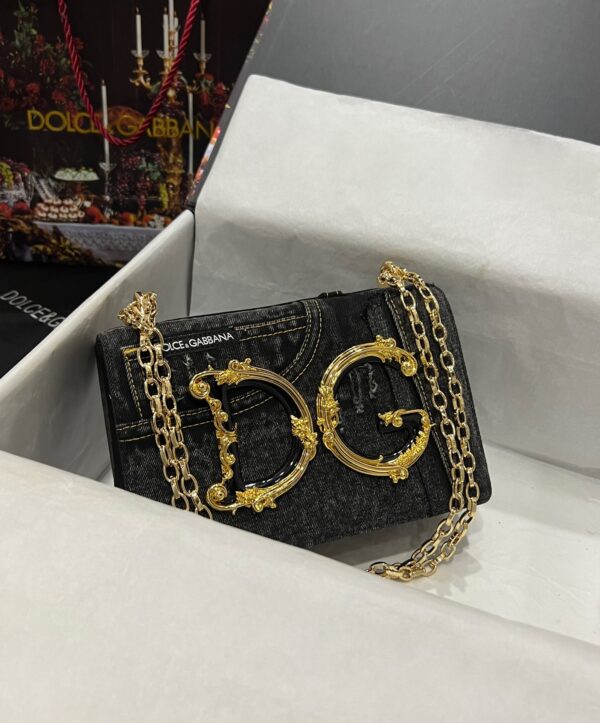 Dolce & Gabbana Chain Shoulder Bag in Denim Fabric-black-23cm with original logo box