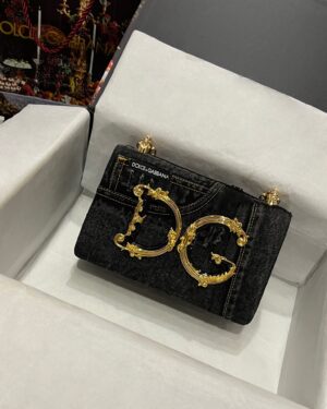 Dolce & Gabbana Chain Shoulder Bag in Denim Fabric-black-23cm with original logo box