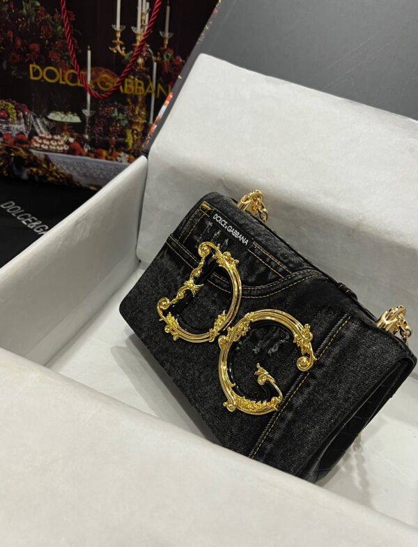 Dolce & Gabbana Chain Shoulder Bag in Denim Fabric-black-23cm with original logo box