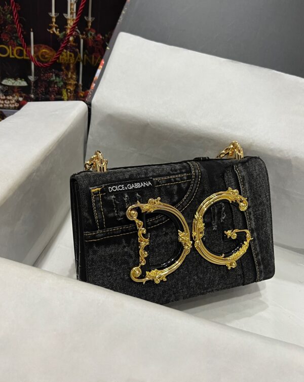 Dolce & Gabbana Chain Shoulder Bag in Denim Fabric-black-23cm with original logo box