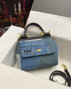 Dolce & Gabbana Chain Shoulder Bag in Denim Fabric-blue-20cm with original logo box