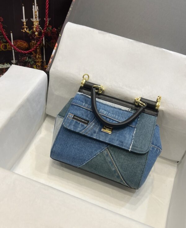 Dolce & Gabbana Chain Shoulder Bag in Denim Fabric-blue-20cm with original logo box
