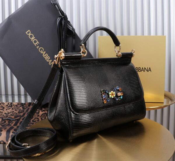 Dolce & Gabban Lizard Pattern Sicilian Women's Bag-Black-25cm  free shipping